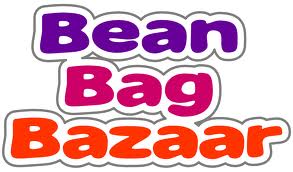 The image shows the words “Bean Bag Bazaar” in bold, playful text. “Bean” is in purple, “Bag” is in pink, and “Bazaar” is in bright orange, all with a white and grey outline, against a white background.