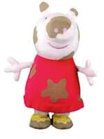 A soft toy of Peppa Pig is shown with brown mud stains on her face and red dress. She has outstretched arms, yellow shoes, and a smiling expression. The background is plain white.