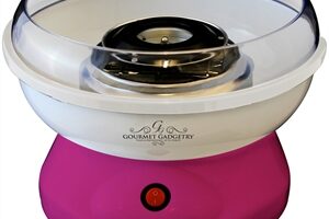 A pink and white candyfloss machine with a clear plastic bowl and a metal spinning head, featuring a red power switch on the front. The base is bright pink, and the logo “Gourmet Gadgetry” is printed on the bowl.