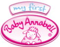 A logo with a pink and white oval reading “Baby Annabell” in cursive, featuring an illustrated lamb at the bottom. Above it, a blue and white curved rectangle says “my first” in lowercase letters.