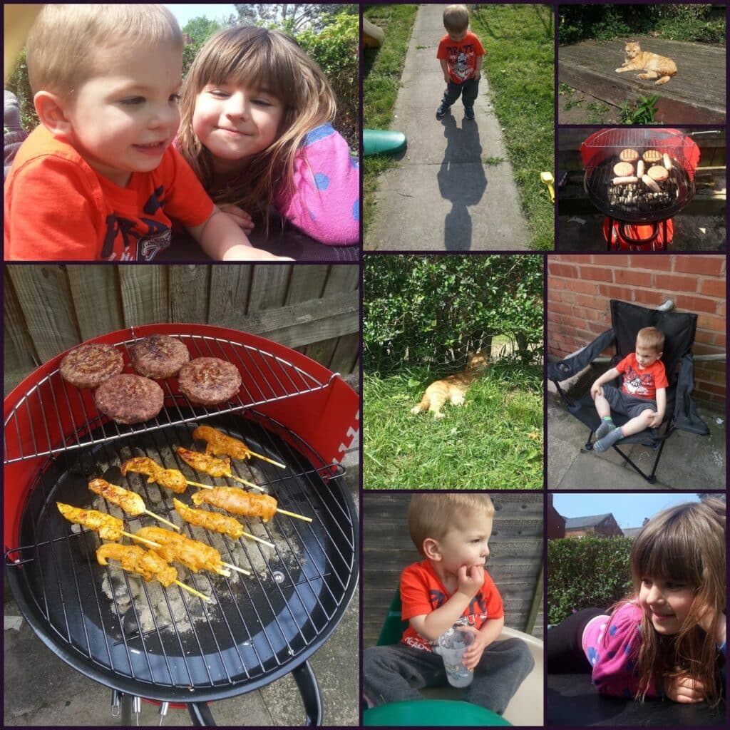 A collage shows two children smiling, a child walking, a cat lying on grass, burgers and kebabs grilling, a child sitting in a chair, a cat in bushes, a boy drinking water, and a girl smiling outdoors, all in a sunny garden setting.