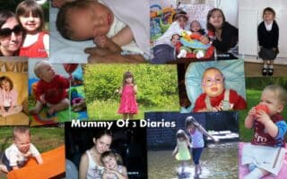 A collage of family photos shows children and a woman in various settings: playing, smiling, holding babies, outdoors, and posing. Central text reads "Mummy Of 3 Diaries." The scenes capture joyful moments, family bonding, and everyday life.