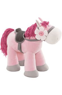 A pink stuffed horse with a saddle.
