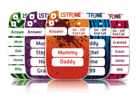 Four colourful, rounded mobile phones display simple interfaces with large labelled buttons for calling preset contacts such as “Mum,” “Dad,” “Home,” “Billy,” “Daddy,” and “999.” Each phone has a distinct background colour and minimal text.