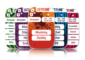 Four colourful, rounded mobile phones display simple interfaces with large labelled buttons for calling preset contacts such as “Mum,” “Dad,” “Home,” “Billy,” “Daddy,” and “999.” Each phone has a distinct background colour and minimal text.