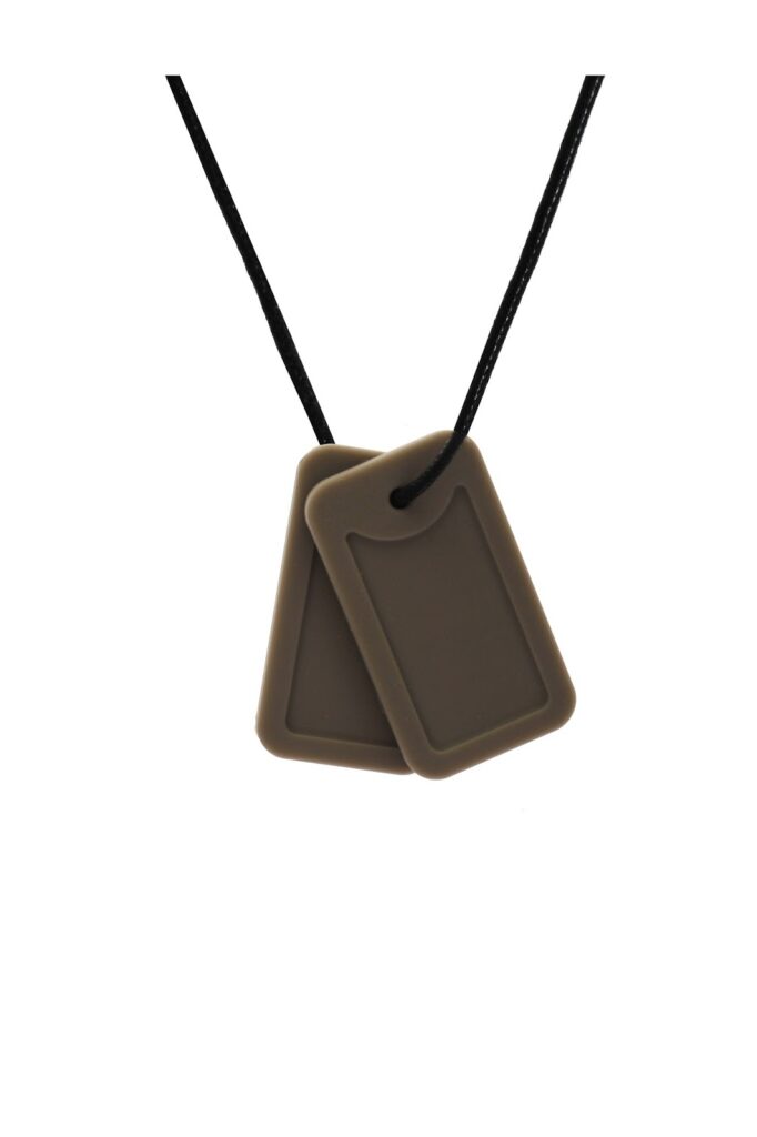 Two blank, rectangular dog tags with rounded edges and brown silicone covers hang from a black cord. The tags overlap slightly and are positioned against a plain white background.