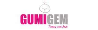 Logo for GUMIGEM featuring a simple outline drawing of a baby’s face above the text. "GUMI" is in bold pink, "GEM" is in bold grey, and the slogan "Teething with Style" appears in smaller, cursive pink font underneath.