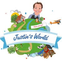 A cartoon globe features a man smiling at the top, a house, sun, aeroplane, and path. Soft toys are at the bottom. A blue and white banner across the globe reads “Justin’s World” with a small sign above saying “Here we go!”.