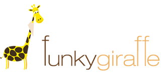 A cartoon giraffe with a long neck stands to the left of the words "funkygiraffe." The “f” in “funky” mimics the giraffe’s neck, and the text uses brown and orange colours on a white background.