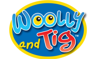 A blue oval logo with a yellow border displays the words "Woolly and Tig." "Woolly" is written in large, playful blue letters with yellow and black eyes in the "oo," and "and Tig" is in smaller yellow and bold red letters beneath.