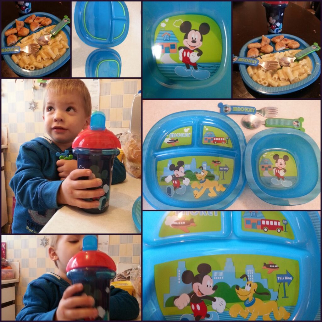 A collage shows a blue Mickey Mouse-themed children's meal set with divided plates, a fork, and a beaker. A toddler in a blue hoodie drinks from the beaker and sits by a table with pasta and chicken served on the Mickey plate. Close-ups highlight the plate’s design.