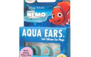A blue box of “Aqua Ears” soft silicone ear plugs, themed with Disney Pixar’s Finding Nemo. The packaging features Nemo’s image, promotes use for swimming and bathing, and contains 3 pairs of ear plugs with a carry case.