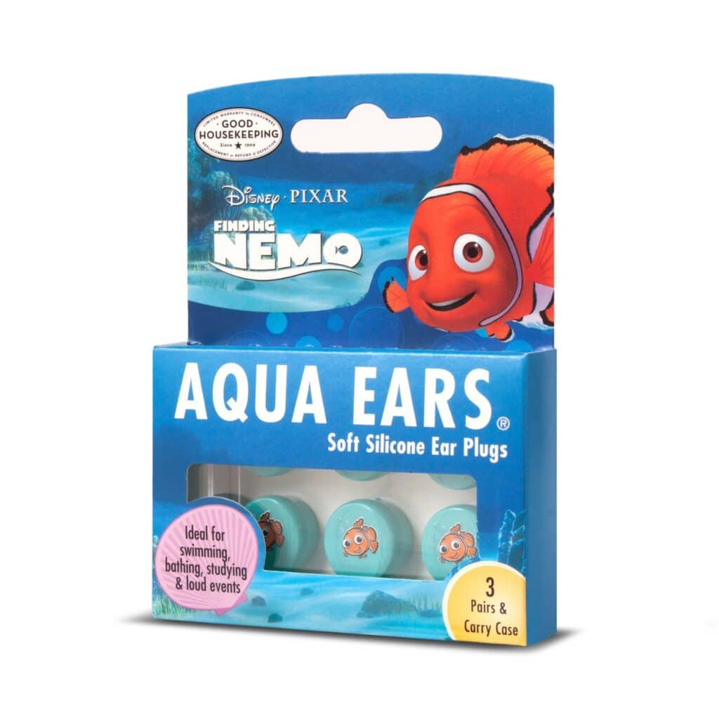 A box of Aqua Ears soft silicone ear plugs with Finding Nemo branding. The blue and white packaging shows Nemo on the front, advertises three pairs and a carry case, and mentions they're ideal for swimming, bathing, studying, and loud events.