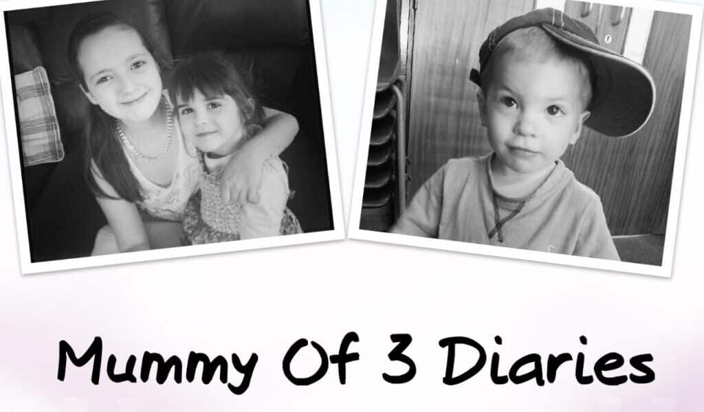 Two black-and-white photos: left, two smiling young girls sit close together; right, a young boy wears a sideways baseball cap, looking off to the side. Below, bold text reads "Mummy Of 3 Diaries" on a white background.
