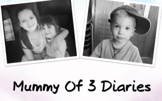 Two black-and-white photos: left, two smiling young girls sit close together; right, a young boy wears a sideways baseball cap, looking off to the side. Below, bold text reads "Mummy Of 3 Diaries" on a white background.