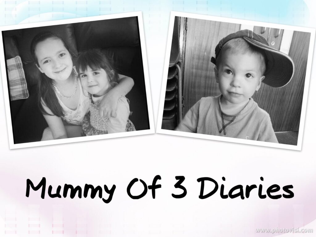 Two black-and-white photos: left, two young girls sit closely and smile at the camera; right, a young boy in a T-shirt wears a baseball cap sideways and looks to the side. Below, bold text reads "Mummy Of 3 Diaries" on a white background.