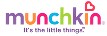 The Munchkin logo features “munchkin” in lowercase, colourful letters with a heart shape forming the dot on the “i.” Below, the tagline reads, “It’s the little things.” The style is playful, targeting a family or child-focused audience.