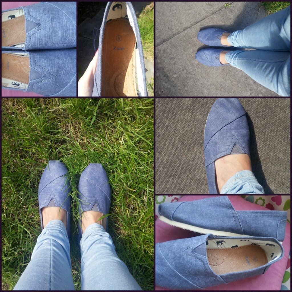 A collage of five photos shows blue slip-on canvas shoes worn with light blue jeans, viewed from above, the side, and on grass and pavement. One close-up highlights shoe details; one image shows the shoe interior with visible branding.