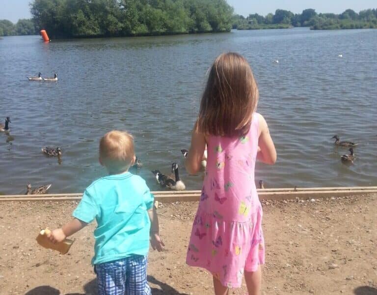Two young children, a boy in blue clothes holding bread and a girl in a pink dress with long brown hair, stand on a dirt path facing a lake with ducks swimming. Trees and a buoy are visible across the sunny, calm water under a clear blue sky.