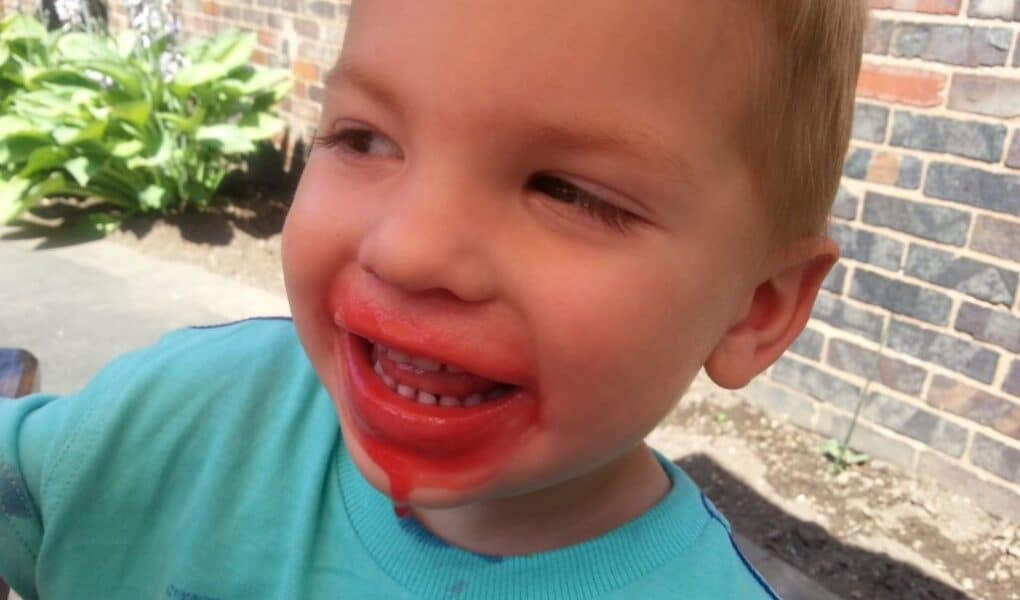 A young child with short blond hair smiles outdoors, wearing a light blue shirt. Red ice lolly stains surround his mouth, suggesting he just ate a treat. In the background, there is a brick wall, green plants, and sunlight illuminating the scene.