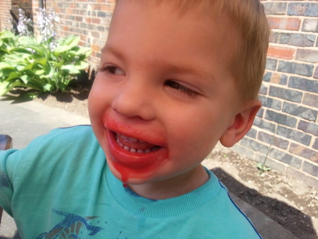 A young child with short blond hair smiles whilst wearing a turquoise shirt. Red ice lolly or sweet stains are smeared around the child’s mouth. The child is outdoors next to a brick wall and some green plants, with sunlight brightening the scene.