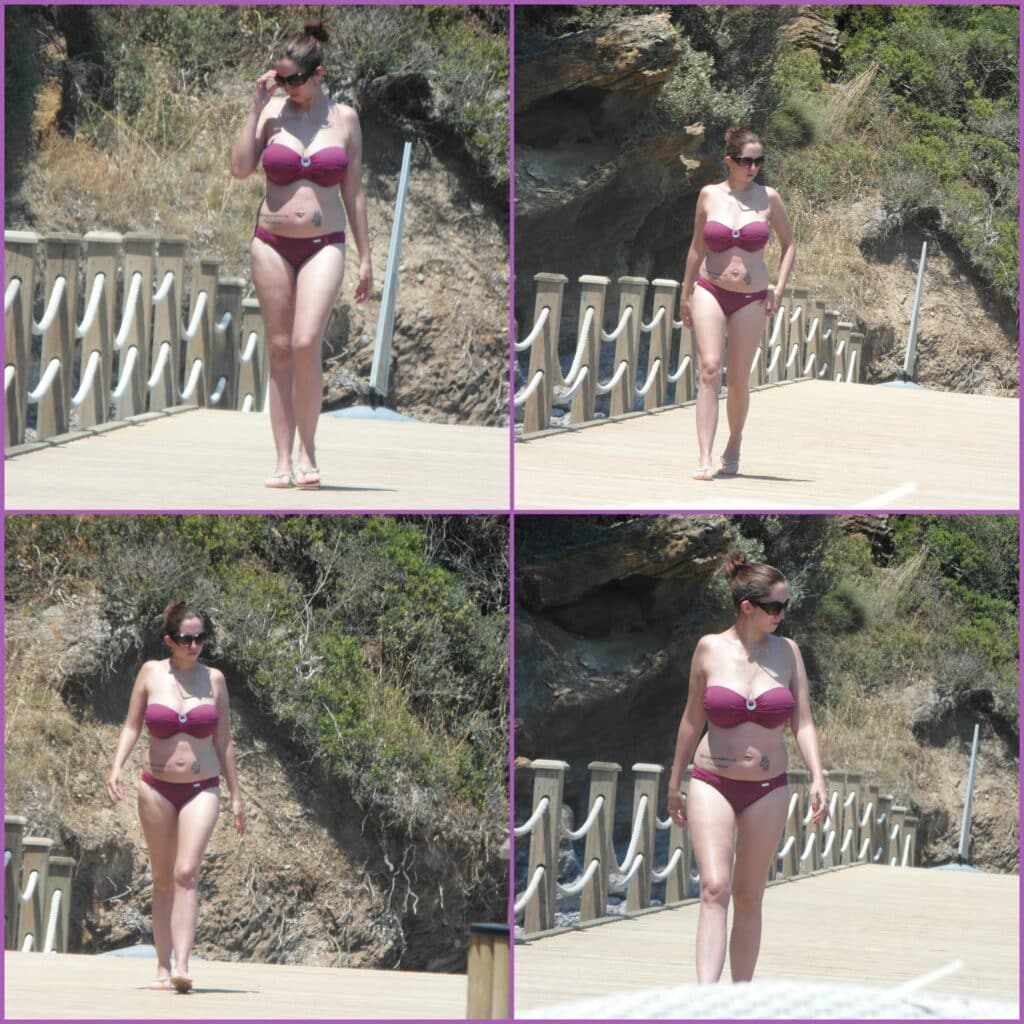 Four photos show a woman in a maroon bikini and sunglasses walking on a wooden boardwalk by rocky terrain and greenery. She has light skin, brown hair in a ponytail, and holds one hand near her face in some images. The day appears sunny.