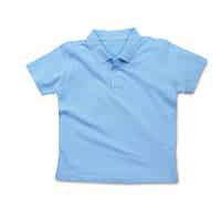 A light blue short-sleeved polo shirt is laid flat on a white background. The shirt features a collar and a short button placket at the neckline, typical of polo shirt design. The fabric appears smooth and slightly fitted.