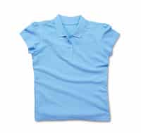 A neatly folded, short-sleeve, light blue polo shirt with a collar and a buttoned placket, displayed on a white background.