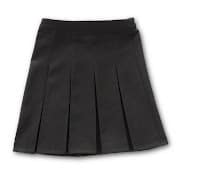 A black pleated skirt is shown laid flat on a white background. The skirt features several evenly spaced vertical pleats running from the waistband to the hem, creating a structured and classic appearance.