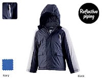 A navy blue and black hooded jacket with light grey sleeves is shown. There is a chest zip pocket and “Reflective piping” text in a black circle. Navy and black colour swatches appear in the corners to indicate available colours.