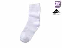 A single plain white crew sock is shown against a white background. In the top right corner, there are two small icons: one is a purple crown with “2024” and the other is a black logo with the text “USA”.