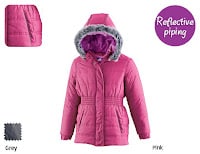 A pink hooded winter coat with fur trim around the hood and elasticated waistband. The coat features reflective piping, shown in a close-up inset. Two colour swatches appear: grey (bottom left) and pink (bottom right), indicating colour options.