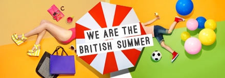 Colourful image split diagonally: left shows a woman’s legs in yellow heels, beauty items, and bags on pink and orange; right shows a child’s legs in red trainers among balloons and a football on green and yellow. Centre text reads "WE ARE THE BRITISH SUMMER.