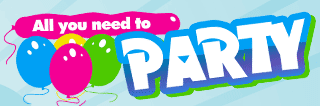 Colourful graphic with three balloons—blue, pink, and green—on the left. Next to them, a pink banner reads “All you need to,” and large white block letters outlined in blue and green spell out “PARTY” on a light blue, festive background.