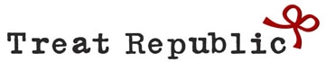 The image shows the text “Treat Republic” in a black, typewriter-style font. Next to the word “Republic”, there is a small red bow graphic, symbolising a gift or present. The background is plain white.
