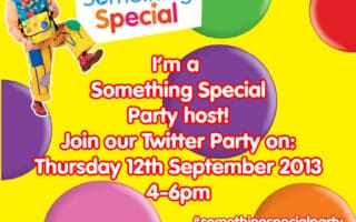 A cheerful man in colourful clothes sits smiling at the top left. Large text reads: “I’m a Something Special Party host! Join our Twitter Party on: Thursday 12th September 2013, 4-6pm.” Colourful balloons and the show's logo are on a yellow background.