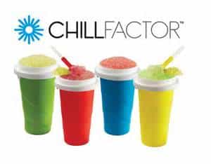 Four colourful Chill Factor cups—green, red, blue, and yellow—filled with brightly coloured slush drinks, each with a straw in the lid. The Chill Factor logo appears above the cups with a blue snowflake graphic on the left.