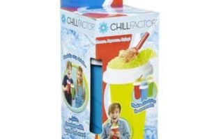 A Chill Factor Slushy Maker box featuring images of children holding colourful slushies. The packaging shows a yellow and green slushy cup with a spoon, icy designs, and blue, red, and white branding text that reads "Slushy Maker.