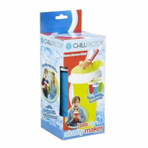 A Chill Factor Slushy Maker box featuring images of children holding colourful slushies. The packaging shows a yellow and green slushy cup with a spoon, icy designs, and blue, red, and white branding text that reads "Slushy Maker.