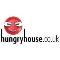 The image shows the Hungryhouse logo. It features a red smiling face with hands covering its eyes, above the text "hungryhouse.co.uk" in black and grey lowercase letters on a white background.