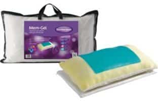 A memory foam pillow with a blue gel cooling pad on top is shown out of its packaging, next to a clear zippered carrying bag with black trim and handles, displaying a purple product label with images and text.