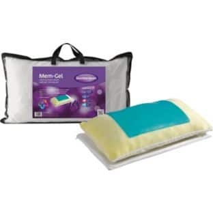 A memory foam pillow with a blue gel cooling pad on top is shown out of its packaging, next to a clear zippered carrying bag with black trim and handles, displaying a purple product label with images and text.