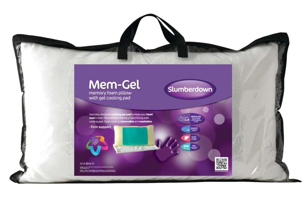 A clear plastic bag with black trim and handles contains a white pillow. The label reads “Mem-Gel memory foam pillow with gel cooling pad - Slumberdown.” The label is purple, showing a photo of the pillow and cooling pad, features, and a QR code.