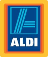 The image shows the ALDI logo: a stylised blue 'A' with light blue lines inside a blue square, outlined in orange and yellow. Below the 'A', the word "ALDI" appears in bold white letters.