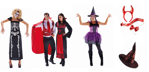 Five Hallowe'en costumes: a woman in a skeleton dress and face paint, a man in a vampire outfit, a woman in a red and black vampire dress, a woman in a purple witch costume and hat, plus separate devil and witch accessories on the right.