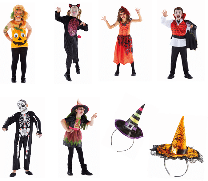 Eight Halloween costumes and accessories: children dressed as a pumpkin, cat, witch, vampire, skeleton, and fairy-witch; plus two headbands—one with a purple-and-green witch’s hat, one with an orange spiderweb-patterned witch’s hat. White background.