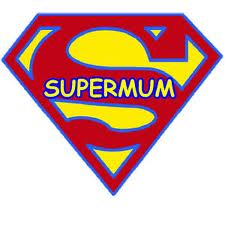 A red and yellow Superman-style shield with a large "S" shape. In the centre, the word "SUPERMUM" is written in bold yellow letters with a blue outline, replacing the traditional Superman logo.