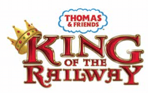 The image shows the "Thomas & Friends: King of the Railway" logo. "THOMAS & FRIENDS" is in a blue cloud at the top. Below, "KING OF THE RAILWAY" is written in large red and gold letters, with a gold crown on the letter "K".