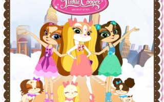 Three cartoon dog-girls with big eyes and long ears pose happily on a city street. They wear colourful dresses—pink, yellow, and blue. Three small, smiling dogs stand in front of them. A cityscape with tall buildings is in the background.