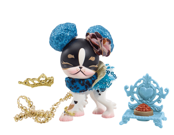 A stylised toy dog with a black and white face, wearing blue glittery bows, a gold collar, and a blue tutu, stands next to a gold chain, a gold crown, and a light blue ornate chair with food on it.
